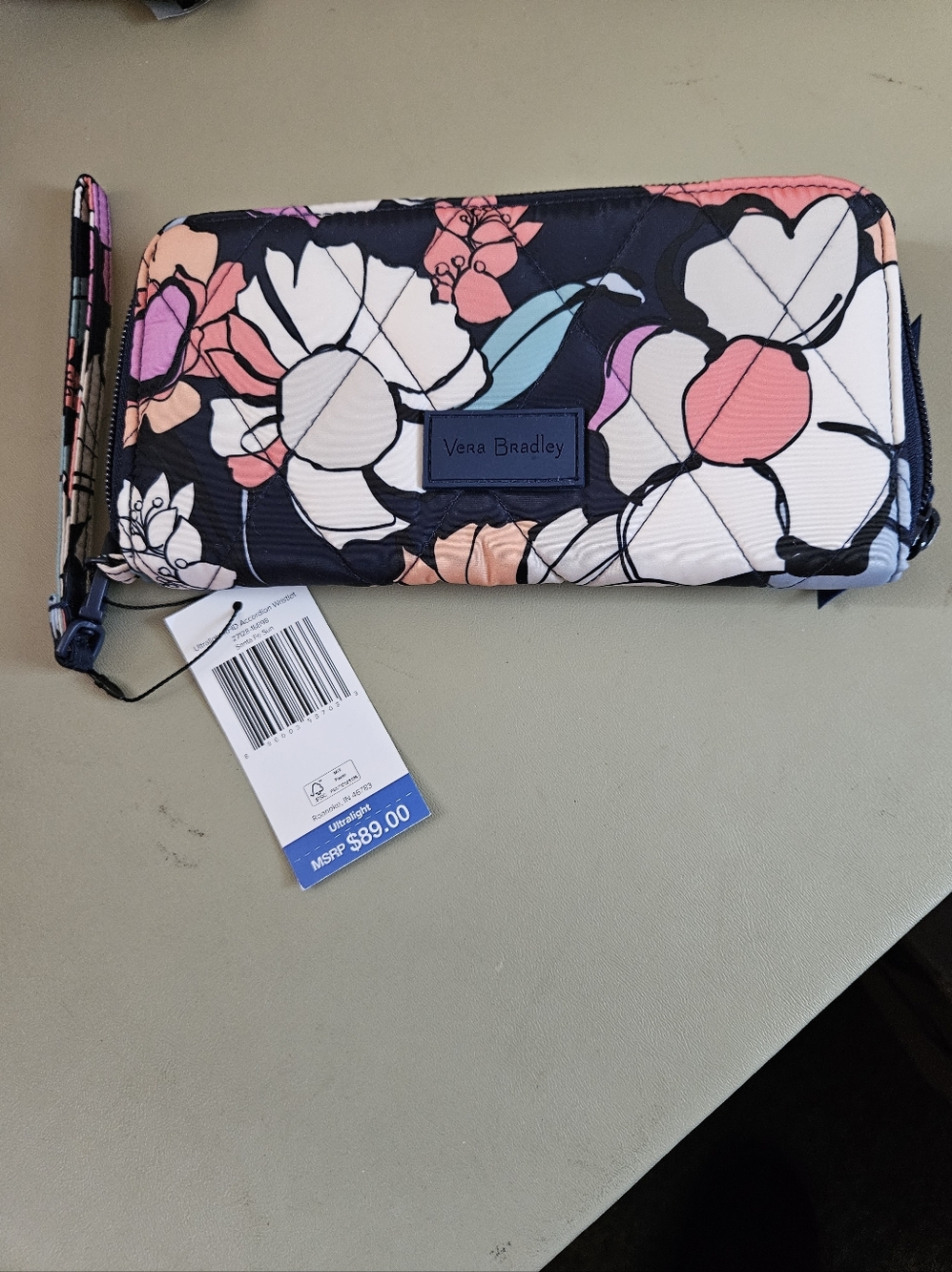 Vera Bradley Navy Quilted Floral Zip Wallet with Coral, White & Pink Accents
